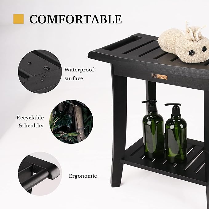 Bamboo Shower Bench Inside Shower Stool with Storage Shelf, Spa Bath Chair for Bathroom, Seat or Organizer for Living Room, Bedroom and Garden - Great for All Ages Unisex Elderly, Black