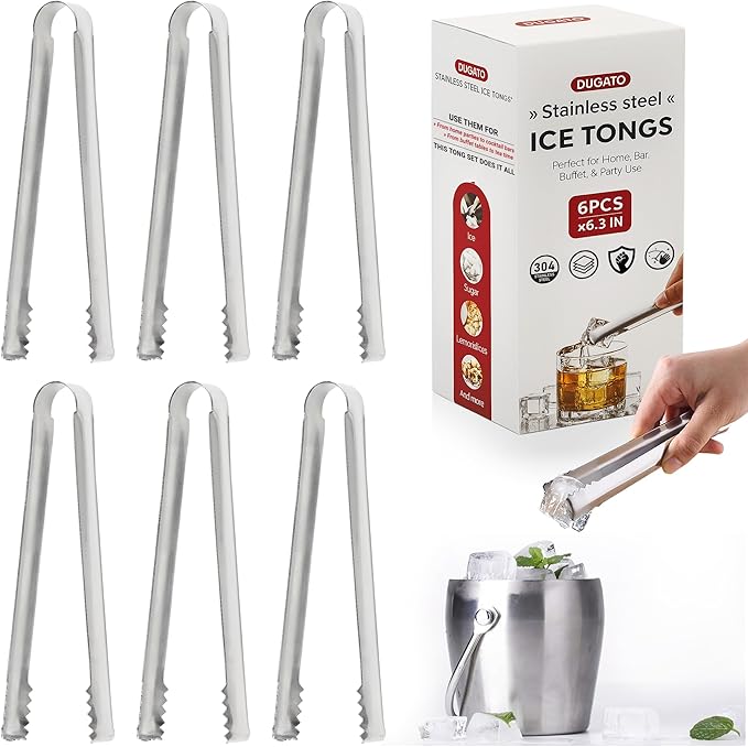 Cocktail Ice Tongs, 6-Pack Stainless Steel Bar Tongs, 6.3 In