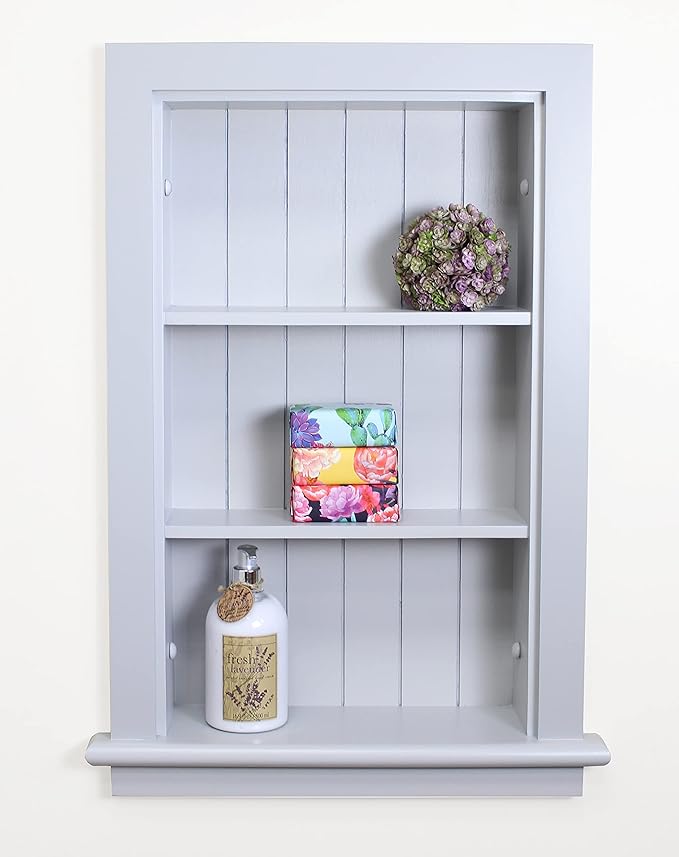 Fox Hollow Furnishings 14x24 Aiden Recessed Wall Niche Medicine Cabinet Replacement, in The Wall Bathroom Cabinet Insert Shelf/Shelves, Made in North America, Real Wood, NO MDF, Beadboard, Light Gray