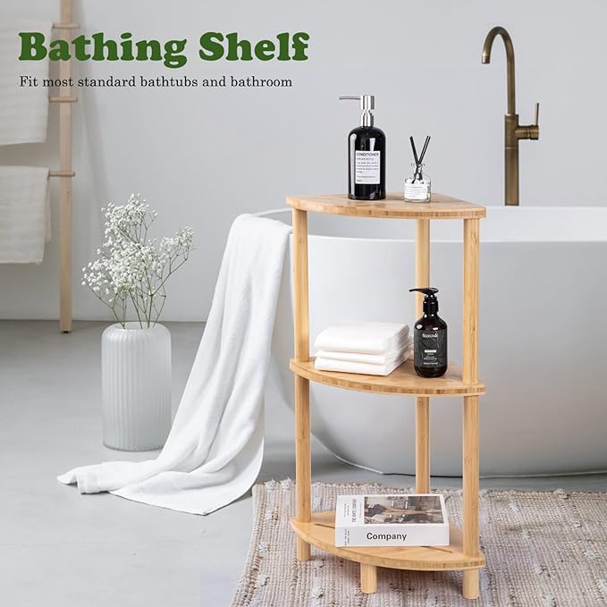 Corner Shower Caddy Stand, Bamboo Shower Organizer Standing with Anti-Slip Feet, Bathroom Corner Shelf,Waterproof & Durable, Space-Saving Design Storage for Kitchen or Living Room