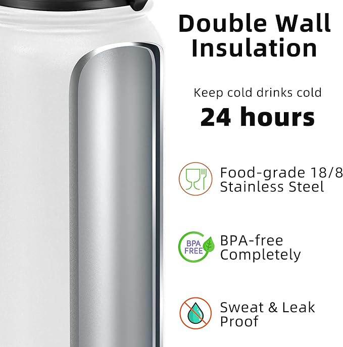 Fanhaw 20 oz Insulated Stainless Steel Water Bottle with Anti-Dust Chug Lid, Leakproof Vacuum Metal Bottle for Kids, Women & Men (White)
