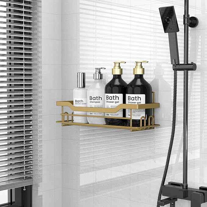Shower Caddy Shelves Organizer Rack, Single Pack Shower Caddy, Shelves for Shampoo Soap Bathroom Waterproof Adhesive Holder, No Drilling Wall Mounted Self, Matte Gold