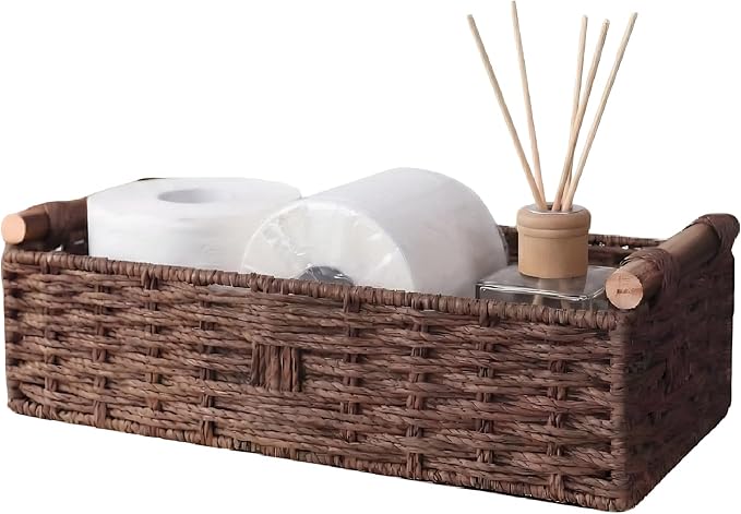 Toilet Tank Basket, Brown Wicker Toilet Paper Storage Basket (Holds 2 Rolls), Handwoven Paper Rope Bathroom Basket Organizer with Wooden Handles, Basket for Top of Toilet, Over Toilet Shelf & Counter