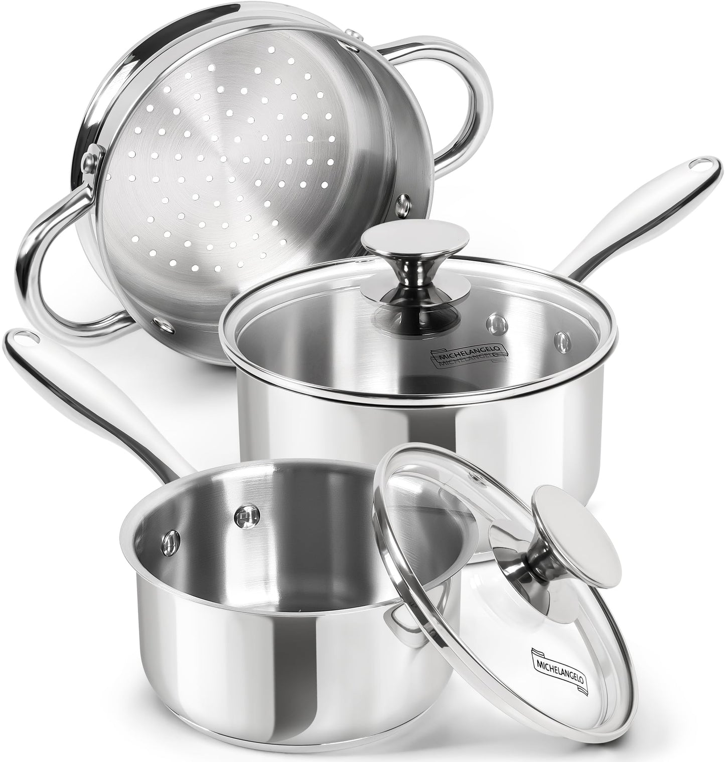 MICHELANGELO 3 Quart Saucepan with Lid & Steamer, Stainless Steel Sauce Pan with Triply Bottom, 3 QT Sauce Pot, Nonstick Saucepan Induction Compatible