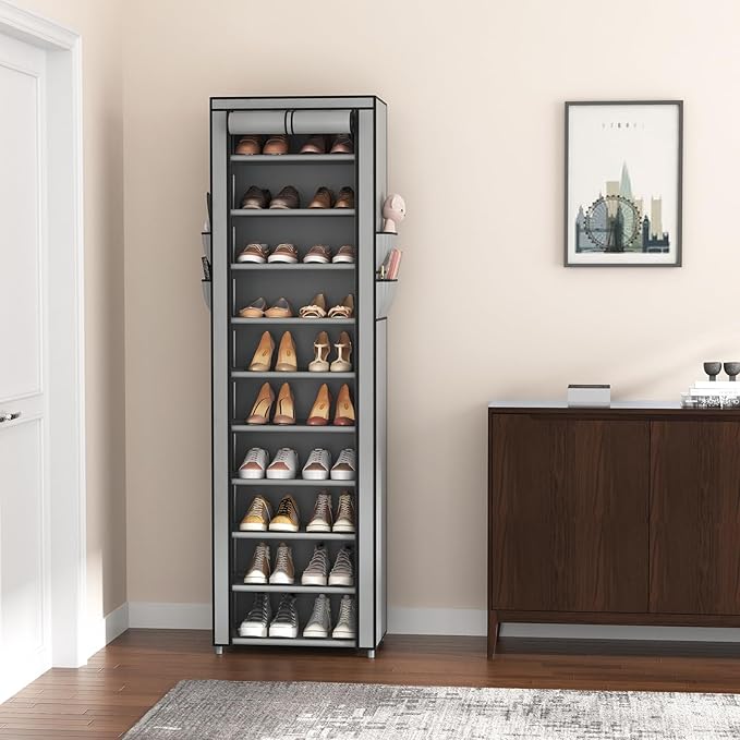 VTRIN Vertical Narrow Shoe Rack Organizer Tall Shoe Rack for Closet Entryway 10 Tier Non-Woven Cover Shoe Shelf Holds 20-22 Pairs Free Standing Shoe Storage Cabinet with Dustproof Cover, Grey