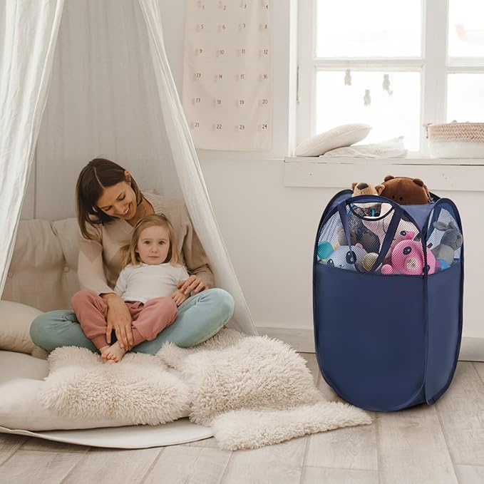 TECHMILLY Pop Up Foldable Laundry Basket, Mesh Laundry Hamper with Reinforced Handles for Dirty Clothes Storage in Dorm, Laundry Room, Bathroom, Blue(Fabric)