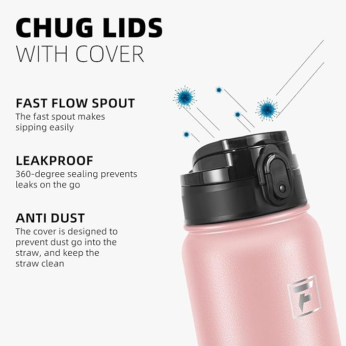 Fanhaw 32 oz Insulated Stainless Steel Water Bottle with Anti-Dust Chug Lid, Leakproof Vacuum Sports Bottle for Men & Women (Pink)