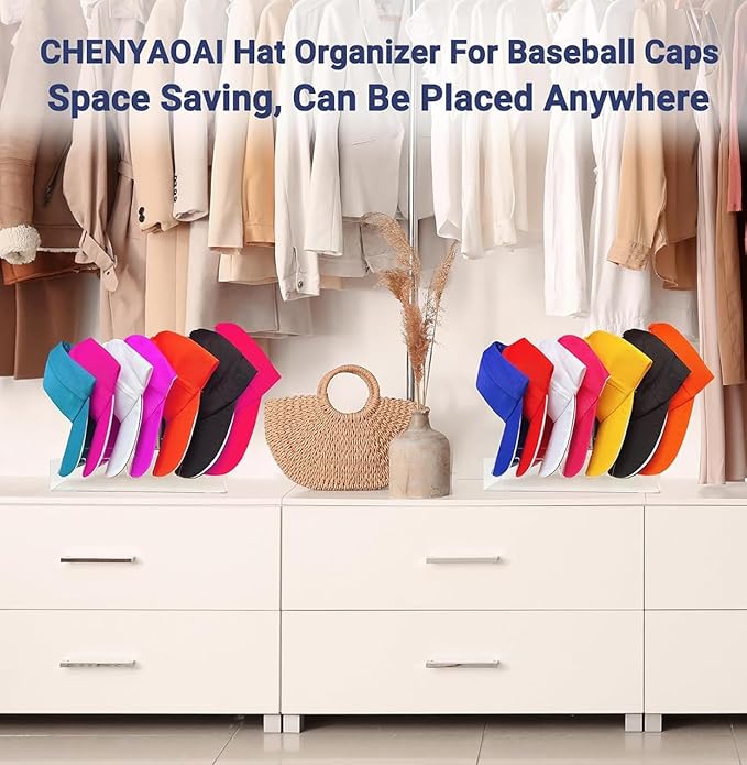 Hat Organizer for Baseball Caps, 2 Pcs No Install Acrylic Hat Stand for 14 Baseball Caps, Hat Racks for Caps Display and Organizer for Bedroom, Closet, Dresser, Office, Hat Holder