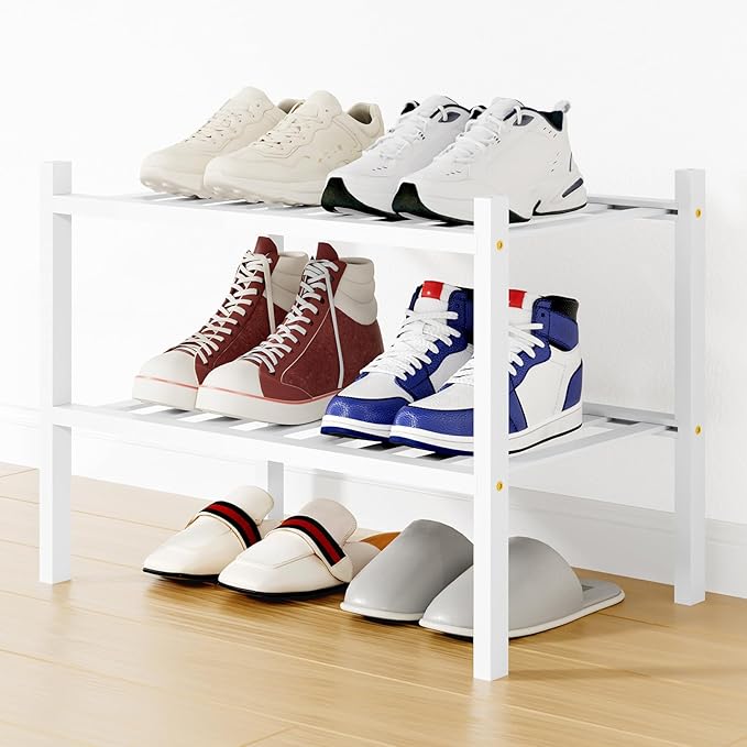Smiry Shoe Rack, 2 Tier Small Bamboo Shoe Organizer, Stackable Free Standing Wooden Shoe Storage Shelf for Closet, Entryway, Front Door Entrance, White