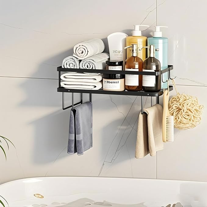 ShellKingdom Over The Toilet Storage Shelf, Toilet Paper Holder Stand Shelves, Punch-Free Bathroom Storage Rack with 2 Hooks, Small Space Organizers for Bathroom, Home, Countertop, Black