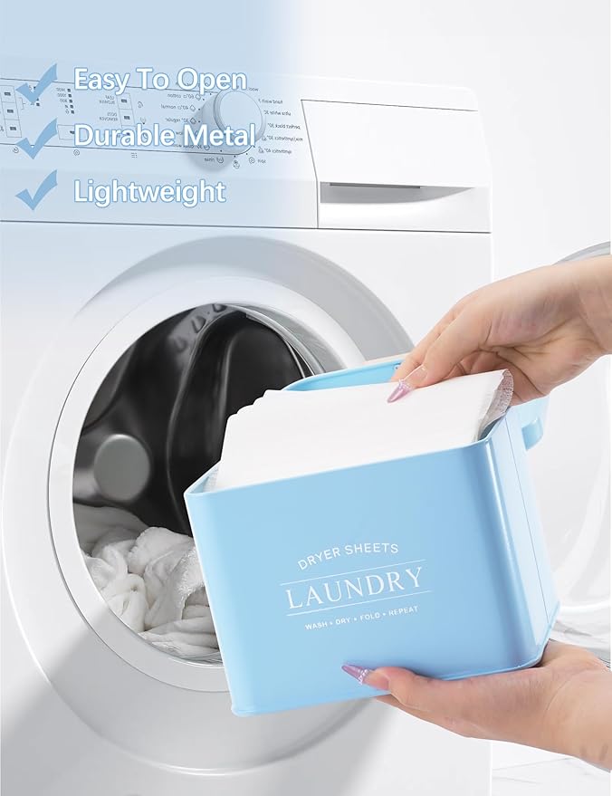 Dryer Sheet Holder with Hinged Lid for Laundry Room Organization, Metal Farmhouse Dryer Sheet Container, Dryer Sheet Box Laundry Room Decor & Accessories (Blue)