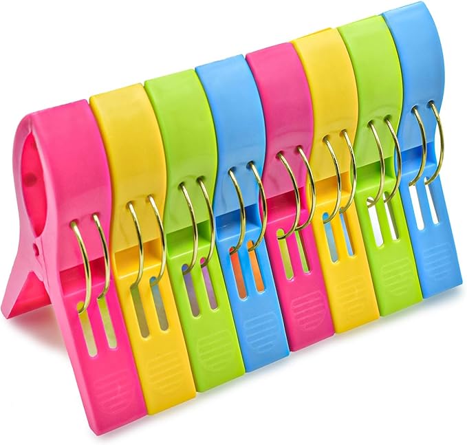 JABINCO Beach Towel Clips Chair Clips Towel Holder,Plastic Clothes Pegs Hanging Clip Clamps, Yellow,Blue,Green,red (Pack of 8)