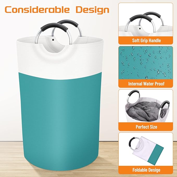 BlissTotes 75L Laundry Basket, Freestanding Laundry Hamper, Collapsible Dirty Clothes Hamper, Waterproof Fabric with Foam Protected Aluminum Handles for College, Dorm, Family (Green)