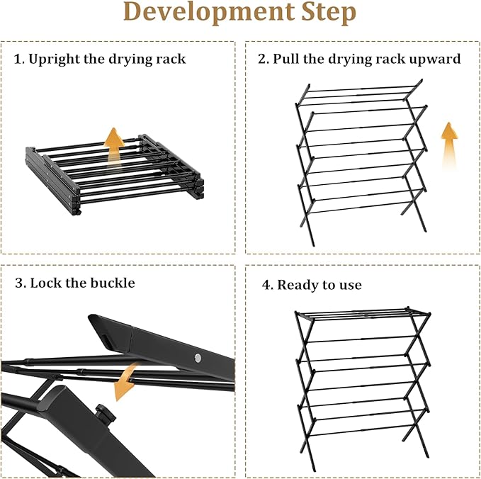 Foldable Drying Rack Clothing, 3-Tier Portable Clothes Drying Racks for Indoor & Outdoor, Anti-Rust Compact Laundry Rack Collapsible, Black 28" D x 10" W x 35" H