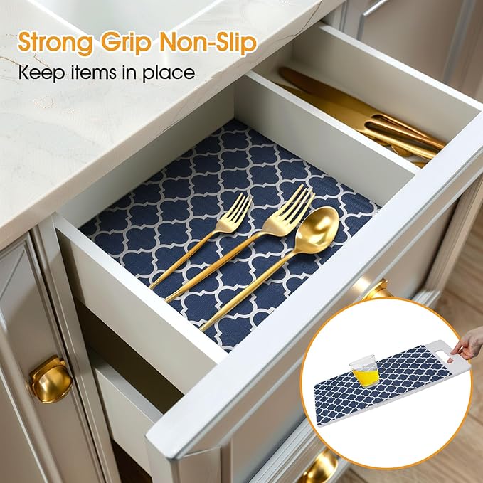 Shelf and Drawer Liner for Kitchen Cabinets Non-Adhesive, Strong Grip Non-Slip Thickened Cabinet Liners for Shelves, Waterproof Mats for Dresser Cupboard, Blue, 12 in x 30 Feet