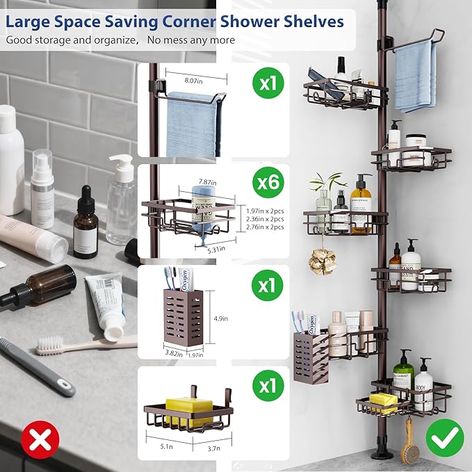 Mixoo Corner Shower Caddy Tension Pole - Adjustable 30 to 120 Inch Shower Organizer with 6 Shelves, Towel Rack, Toothbrush Holder, Soap Dish, Bathroom Corner Storage for Shower, Bathtub (Bronze)