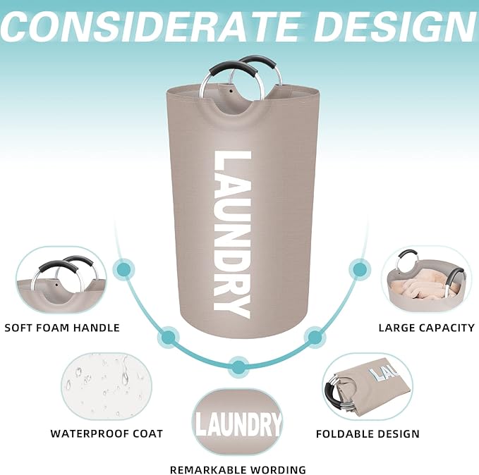 StorageRight 75L Large Laundry Basket, Laundry Hamper, Dirty Clothes Hamper for Laundry, Collapsible, Waterproof Laundry Baskets with Foam Protected Aluminum Handles for Laundry, Dorm, Family (Khaki)