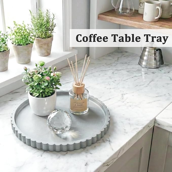Silicone Bathroom Countertop and Vanity Tray-10 Inch Round Silicone Bathroom Tray, Modern Bathroom Decor, Coffee Table Decor, Decorative Tray for Candle, Perfume, Plants (Grey)
