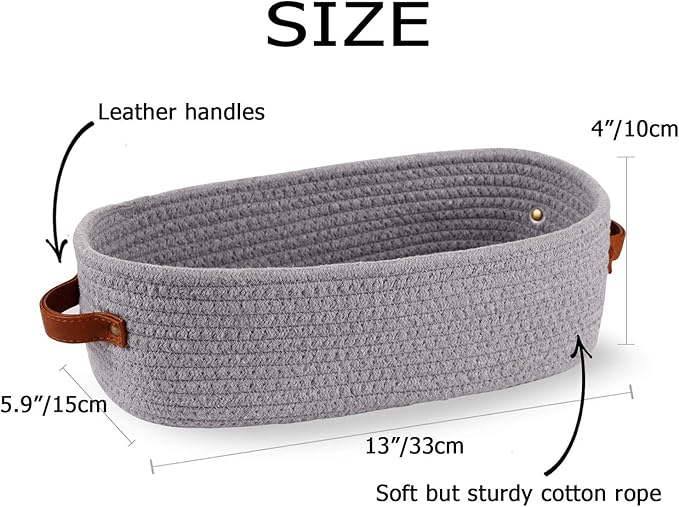 Cotton Rope Small Woven Toilet Paper Room Storage Basket with Handles for Bathroom, 13"x5.9"x4" Gary