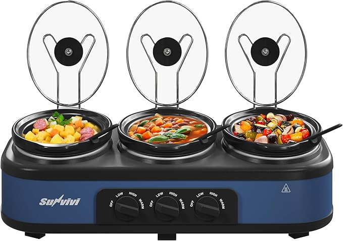 Sunvivi Slow Cooker with 10 Cooking Liners, Triple Slow Cooker Buffet Server 3 Pot Food Warmer for Parties with 3 Spoons ? Lid Rests,Adjustable Temp, 3 * 1.5 Quarts Silver