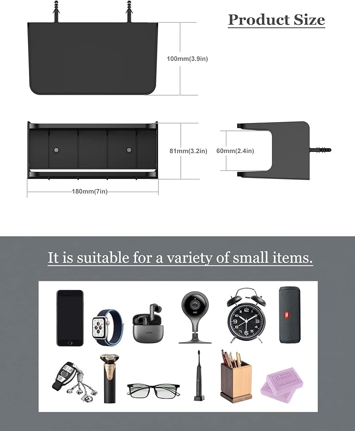 Bedside Wall Shelf Organizer Small Bedside Shelf Wall Mount for Bed Universal Stick on Wall Shelf Double Tray Holder for Storing Cellphone, Glasses, Keys, Camera, Alarm Clock (Black)