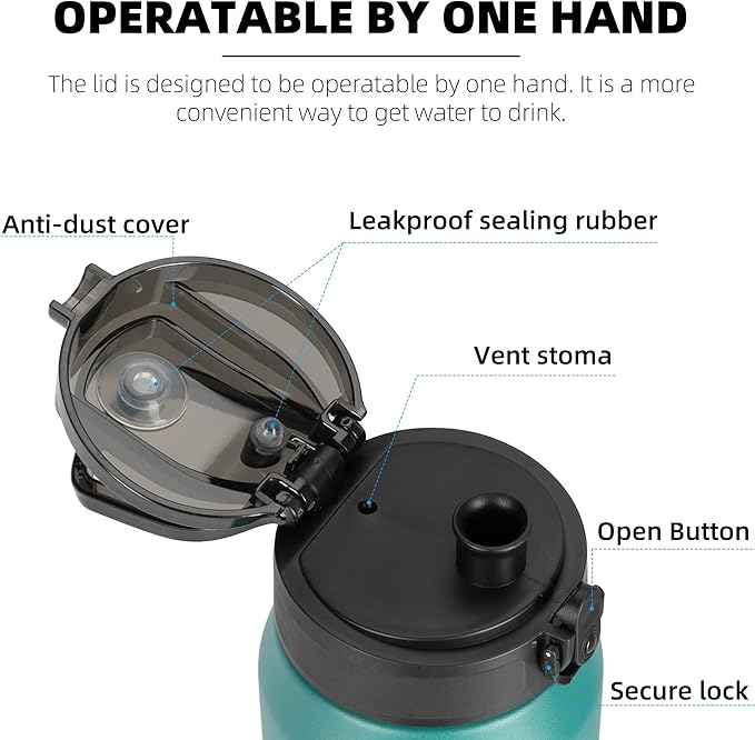 Fanhaw 24 oz Insulated Stainless Steel Water Bottle with Anti-Dust Chug Lid, Leakproof Vacuum Metal Bottle for Kids, Women & Men (Green Blue)