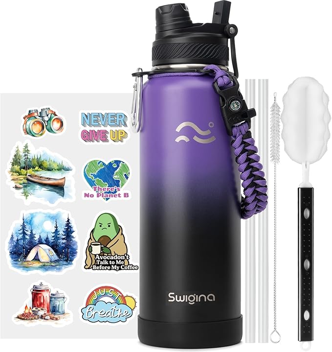 [2-IN-1 LID] Insulated Water Bottle with Silicone Boot (36hrs Cold/18hrs Hot) - DIY Stickers, Leakproof, BPA Free, 40 oz