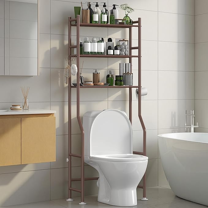 3-Tier Over The Toilet Storage with Paper Holder, Metal Bathroom Organizers and Storage for Small Space, Freestanding Bathroom Shelves with 4 Hooks, Above The Toilet Storage Shelf (Bronze)