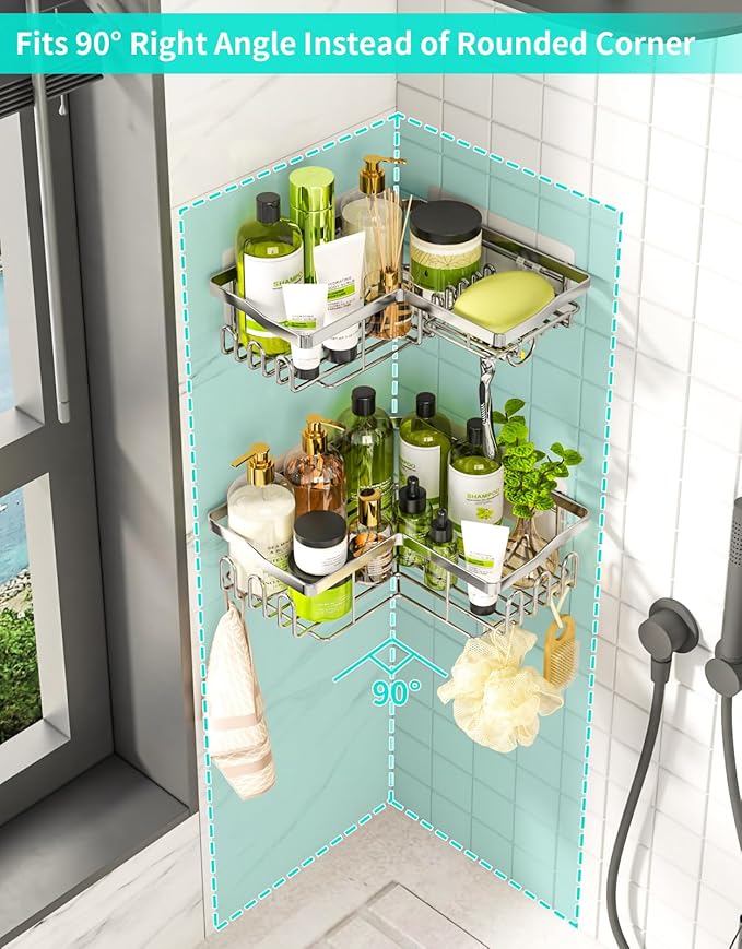 HapiRm Corner Shower Caddy with Shampoo Holder, Shower Organizer with 11 Hooks, No Drilling Rustproof Stainless Steel Bathroom Shelves - Silver (Only for 90 ° Right Angle)