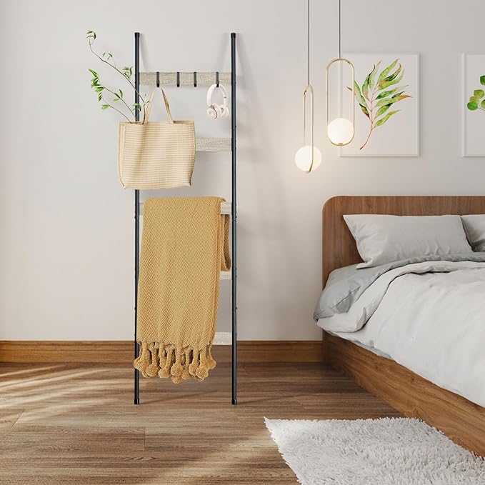 ELYKEN Blanket Ladder for Living Room, Farmhouse 5-Tier Quilt Holder with 4 Removable Hooks for Bathroom, Wood Towel Rack Display, Wall Anchor Leaning Decorative Stand for Home, White Oak