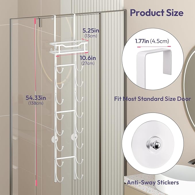 SWTYMIKI Over The Door Towel Rack - 9 Tier Towel Racks for Bathroom Wall Mounted, Towel Holder with Shelf, Hanging Rolled Towel Storage Organizer for Small Bathroom, Camper, RV, White
