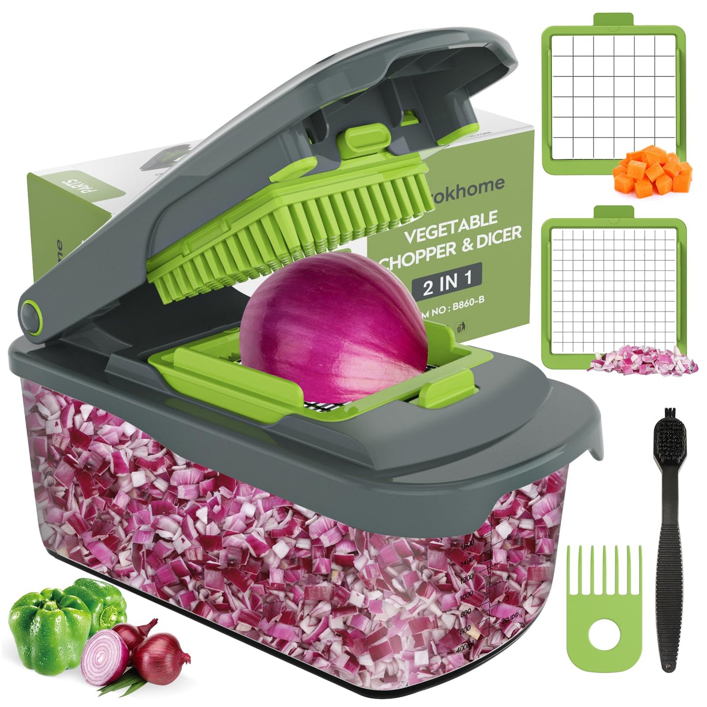 Ourokhome Onion Chopper Dicer with Container, Manual Food Cutter with Handheld Veggie Spiral, Hand Vegetable Mandolin slicer for Potato, Tomato, Carrot, Essential Kitchen Gadget (6 in 1, Gray)