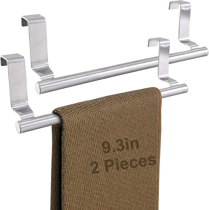 Mziart Kitchen Towel Holder, 2 Pack Over The Door Towel Rack, Over Cabinet Door Towel Bar Stainless Steel Dish Washcloth Hanger, EVA Foam Protective Pad & Non-Slip Self-Adhesive Blocks (9 Inch)