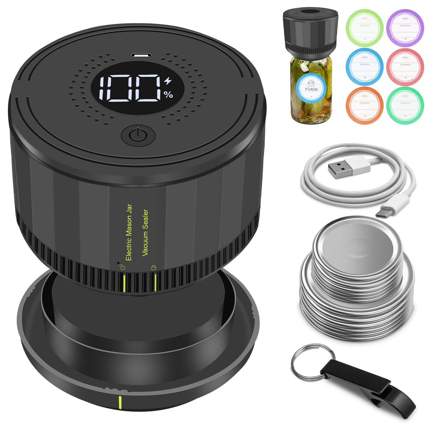 YK Siguoril Auto Stop Electric Mason Jar Vacuum Sealer, Vacuum Sealer Kit for Wide Mouth and Regular Mouth Mason Jars with Food Storage Labels for Freshness and Preservation