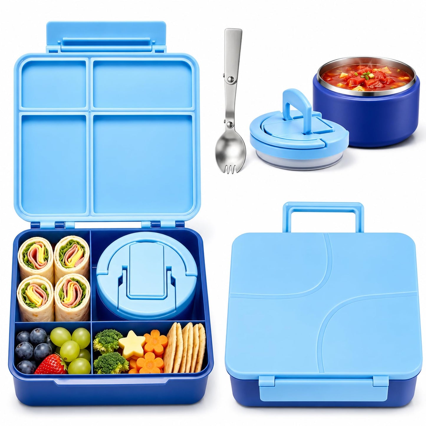 Bento Lunch Box for Kids with 8oz Soup Thermo,Kids Leakproof Lunch Food Containers with 4 Compartment,Kid Insulated Thermo Hot Food Jar for School,Trvael-Green