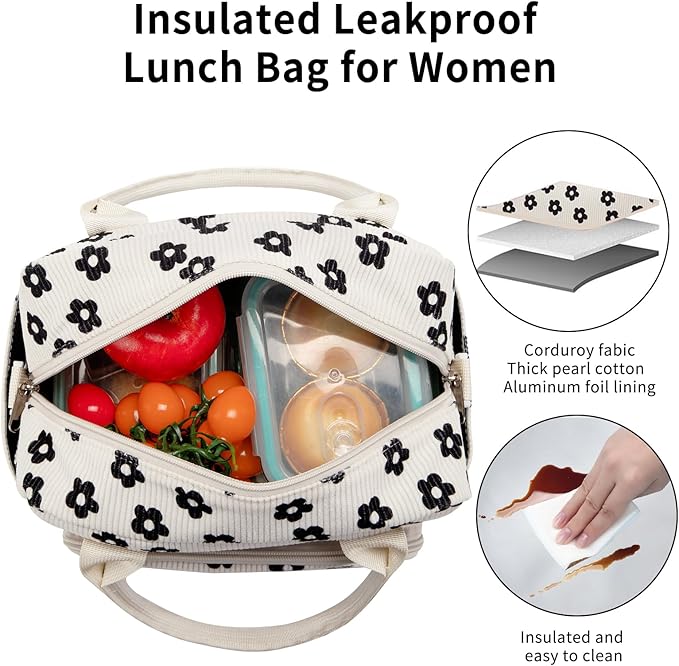 Lunch Bag Women Lunch Box for Women Adult Cute Insulated Lunch Bag Lager Cooler Lunch Tote Bags for Work Picnic (Beige-Flower)