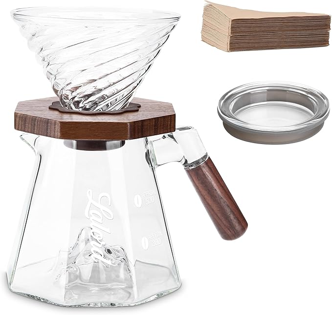 Lalord Pour Over Coffee Maker, 600ml/20oz Borosilicate Glass Set, Coffee Dripper with Walnut Collar, Glass Lid, 100 Paper Filters, 1-3 Cups, Clear