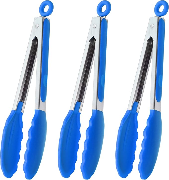 HINMAY Silicone Tipped Tongs 9" Kitchen Cooking Tongs, Set of 3 (Yellow)