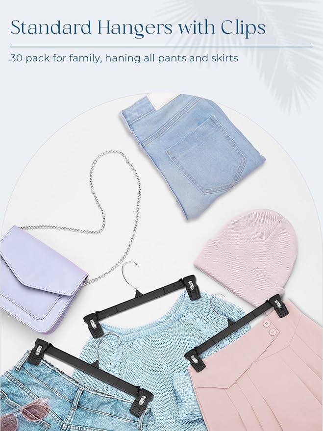 Smartor Space Saving Skirt Hangers - 60 Pack, Slim Plastic Pants and Shorts Hangers, Ridged Non-Slip with Pinch Clips, Black Clip Hangers for Women, 360-Rotating Chrome Swivel Hook, 12 Inches