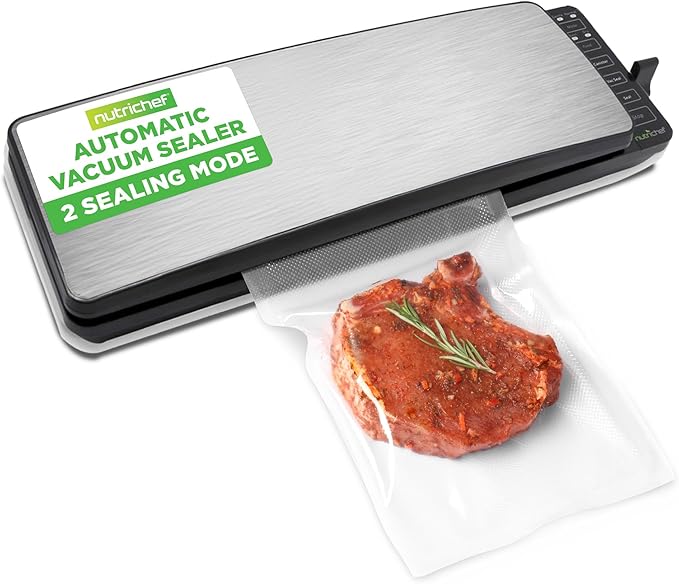 NutriChef Stainless Steel Vacuum Sealer For Food - High-Power Machine with Adjustable Suction, Dry & Moist Modes, LED Lights, Bags, Wine Stopper & Hose, Easy Plug-in Design, Lab-Tested Food Storage