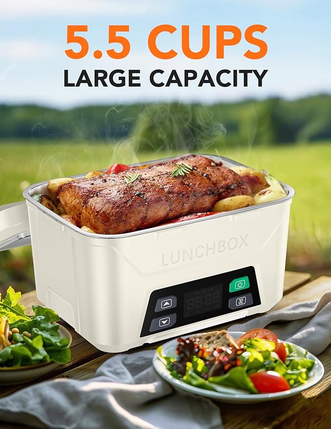 EAST OAK Cordless Electric Lunch Box for Adults, Heated Lunch Box Battery Powered with Automatic Heating, 5.5 Cups Portable Food Warmer with Removable Tray Divider