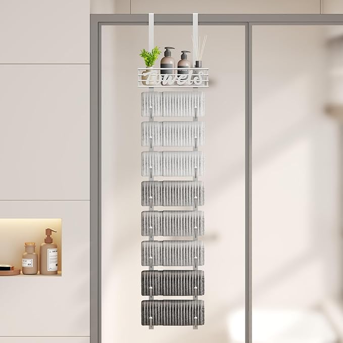 SWTYMIKI Hanging Towel Racks for Bathroom - 9 Tier Over The Door & Wall Mounted Bath Rolled Towel Storage Organizer Holder for Small Bathroom, RV, Camper, White (Patented)