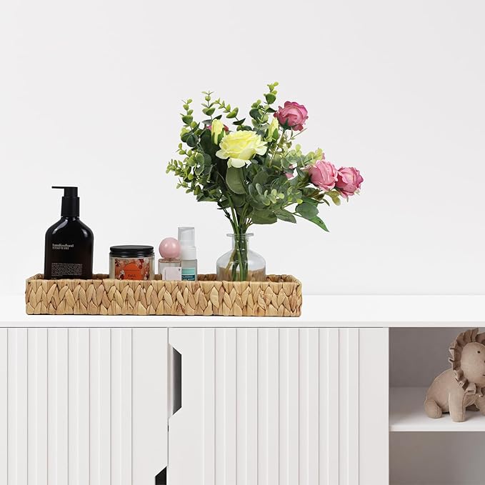 Bathroom Vanity Tray, 16.7 Inch Water Hyacinth Toilet Tank Baskets, Long Wicker Counter Tray for Paper Hand Towel, Bathroom Counter Organizer for Decor Coffee Table (16.7" x 6" x 2")