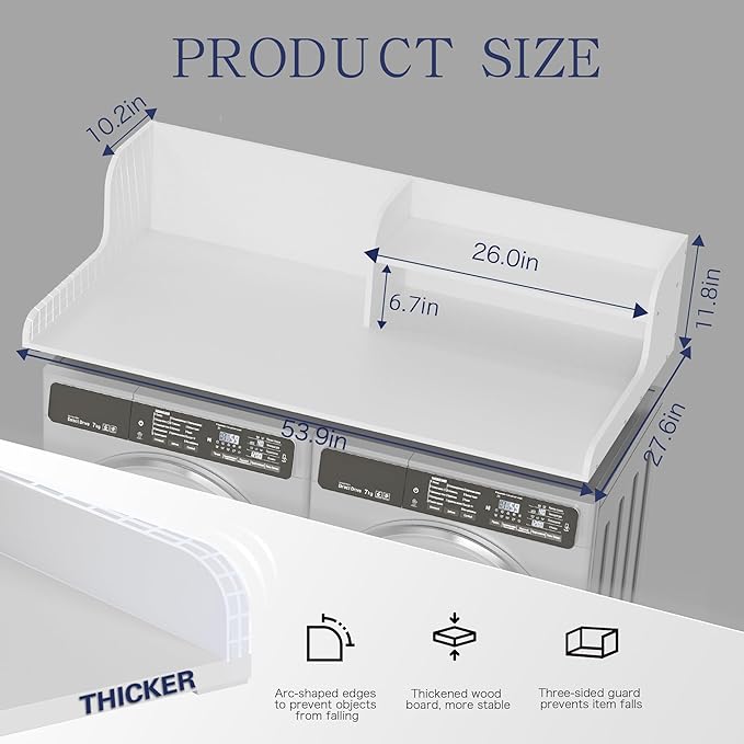 DTK Washer Dryer Wood Countertop with Shelf, Laundry Topper with Non-Slip Mat,27.55" Depth x 54" Width Dryer Covers for The Top with Edge Rails (White)