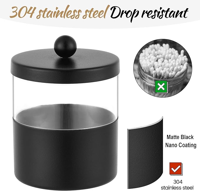 Gaussra Black Apothecary Jars, Black Qtip Holder - Stainless Steel Bathroom Jar with Stickers - Farmhouse Decor Qtip Dispenser for Qtips, Cotton Balls, Swabs, Makeup Sponges (2-Pack)