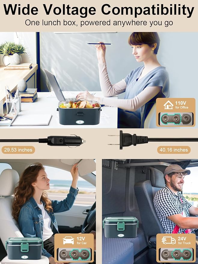 1.8L Heated Lunch Box, 80W Electric Lunch Box with Long-handled Utensils for Adults, 12V/24V/110V Lonchera Eléctrica Portátil, Portable Food Warmer for Car/Truck/Office (Blue-Green)
