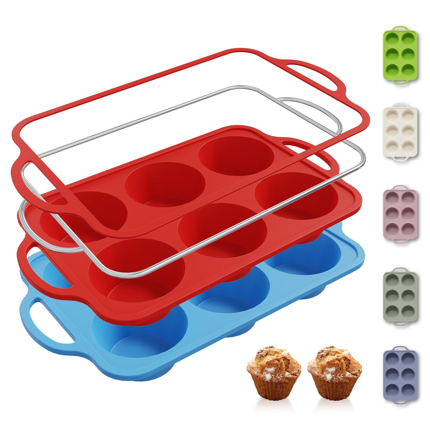 2 Packs 12 Cups Silicone Muffin Pan for Baking with Metal Reinforced Frame Regular Size Cupcake Pan Tray Chocolate Egg Pizza Bites Oven Top Cookie Molds Muffin Tin Tart Pans Sheet Set Bakeware Liner
