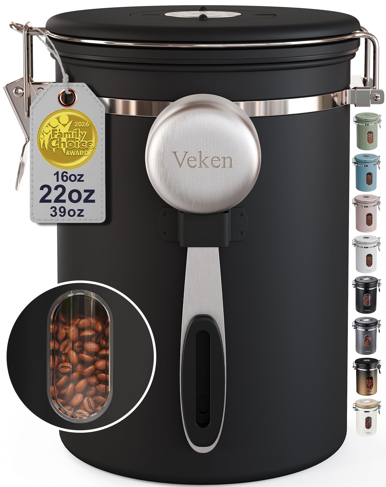 Veken Coffee Canister with Window,Airtight Stainless Steel Container,16OZ
