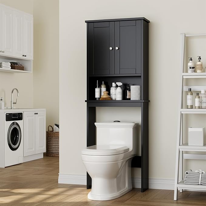 Meilocar Over The Toilet Storage Cabinet for Bathroom, Black Bathroom Storage Over Toilet, Space Saver W/Adjustable Shelf and Open Shelf, Black