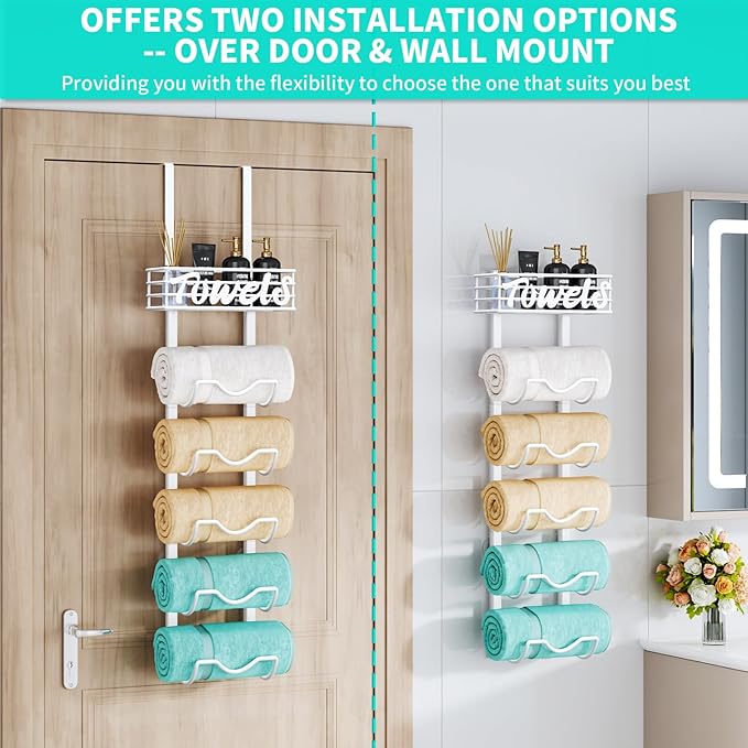 HapiRm Over The Door Towel Rack - 6 Tier Wall Mount Rolled Towel Holder Storage Organizer Shelf with Storage Basket for Small Bathroom, Rv, Camper - White